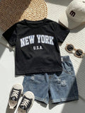 SHEIN Unisex Baby 2pcs/Set Casual Cute Slogan Graphic Short Sleeve T-Shirt And Distressed Denim Shorts Set, Baby Outfit, Streetwear