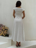 SHEIN Unity White And Black Polka Dot Lace Trim Heart Neck Puff Sleeve Ruched Waist A-Line Midi Dress,Elegant Summer Holiday Vacation Holiday For Ladies