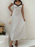 SHEIN Unity White And Black Polka Dot Lace Trim Heart Neck Puff Sleeve Ruched Waist A-Line Midi Dress,Elegant Summer Holiday Vacation Holiday For Ladies