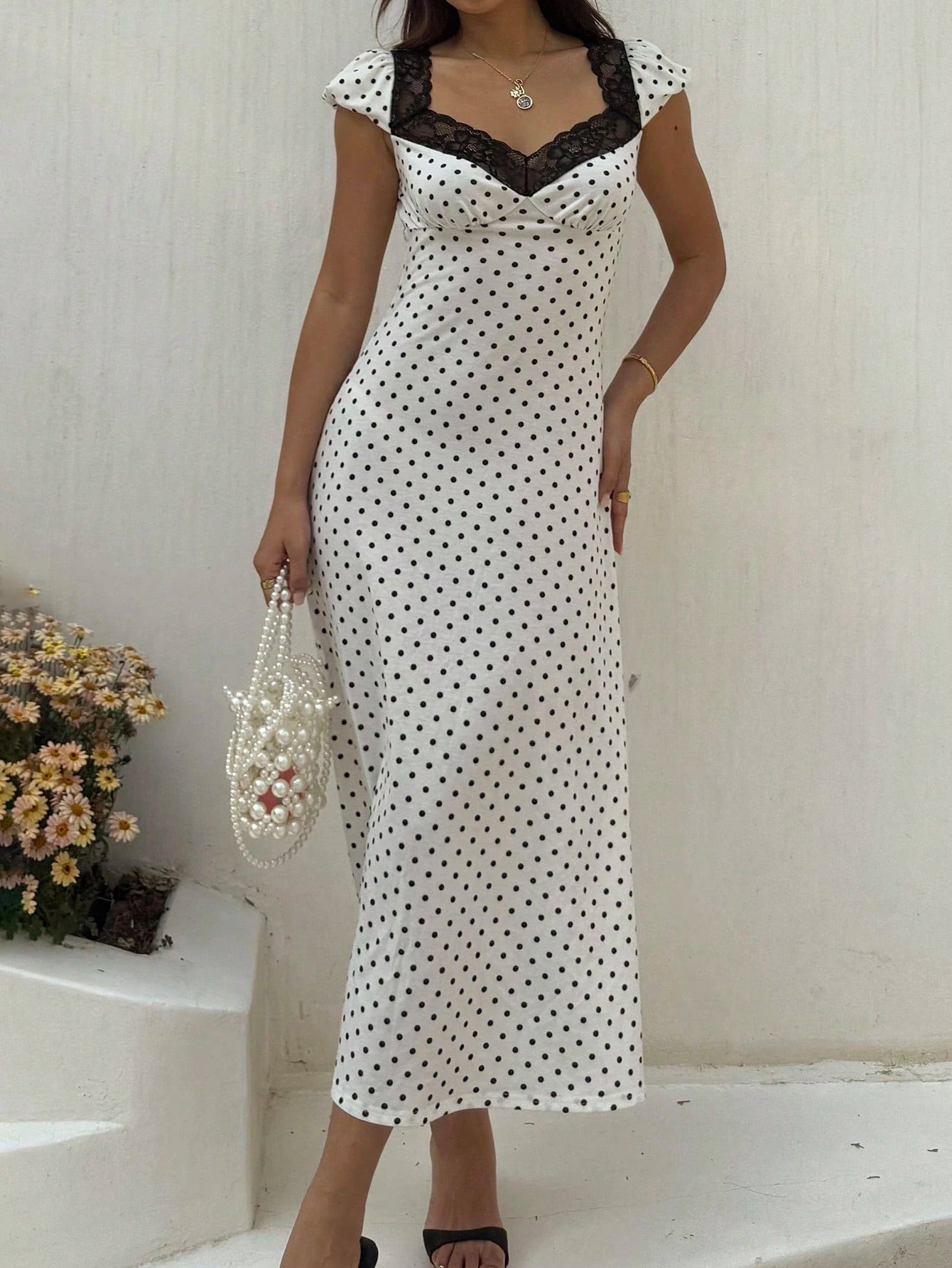 SHEIN Unity White And Black Polka Dot Lace Trim Heart Neck Puff Sleeve Ruched Waist A-Line Midi Dress,Elegant Summer Holiday Vacation Holiday For Ladies
