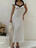 SHEIN Unity White And Black Polka Dot Lace Trim Heart Neck Puff Sleeve Ruched Waist A-Line Midi Dress,Elegant Summer Holiday Vacation Holiday For Ladies