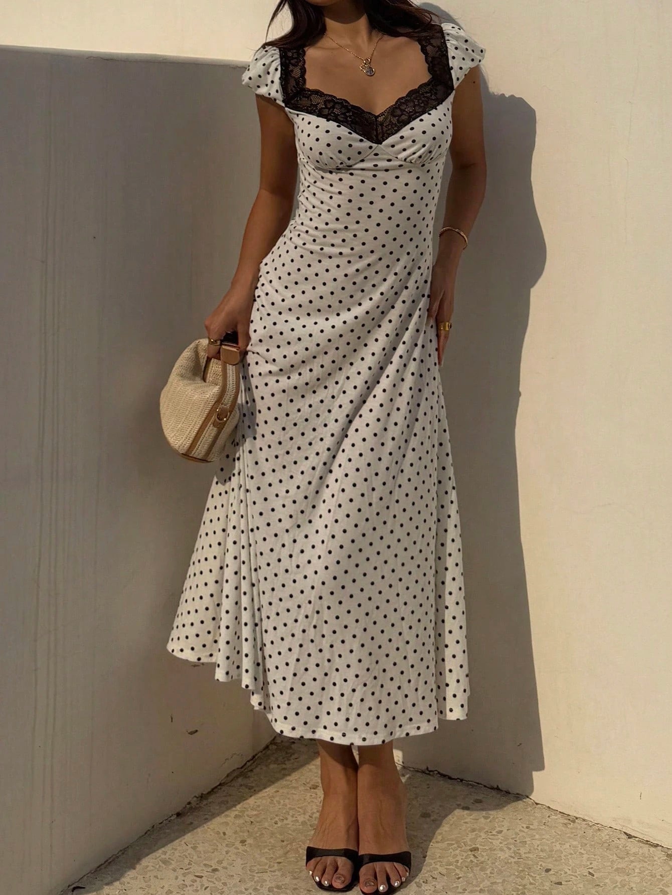 SHEIN Unity White And Black Polka Dot Lace Trim Heart Neck Puff Sleeve Ruched Waist A-Line Midi Dress,Elegant Summer Holiday Vacation Holiday For Ladies