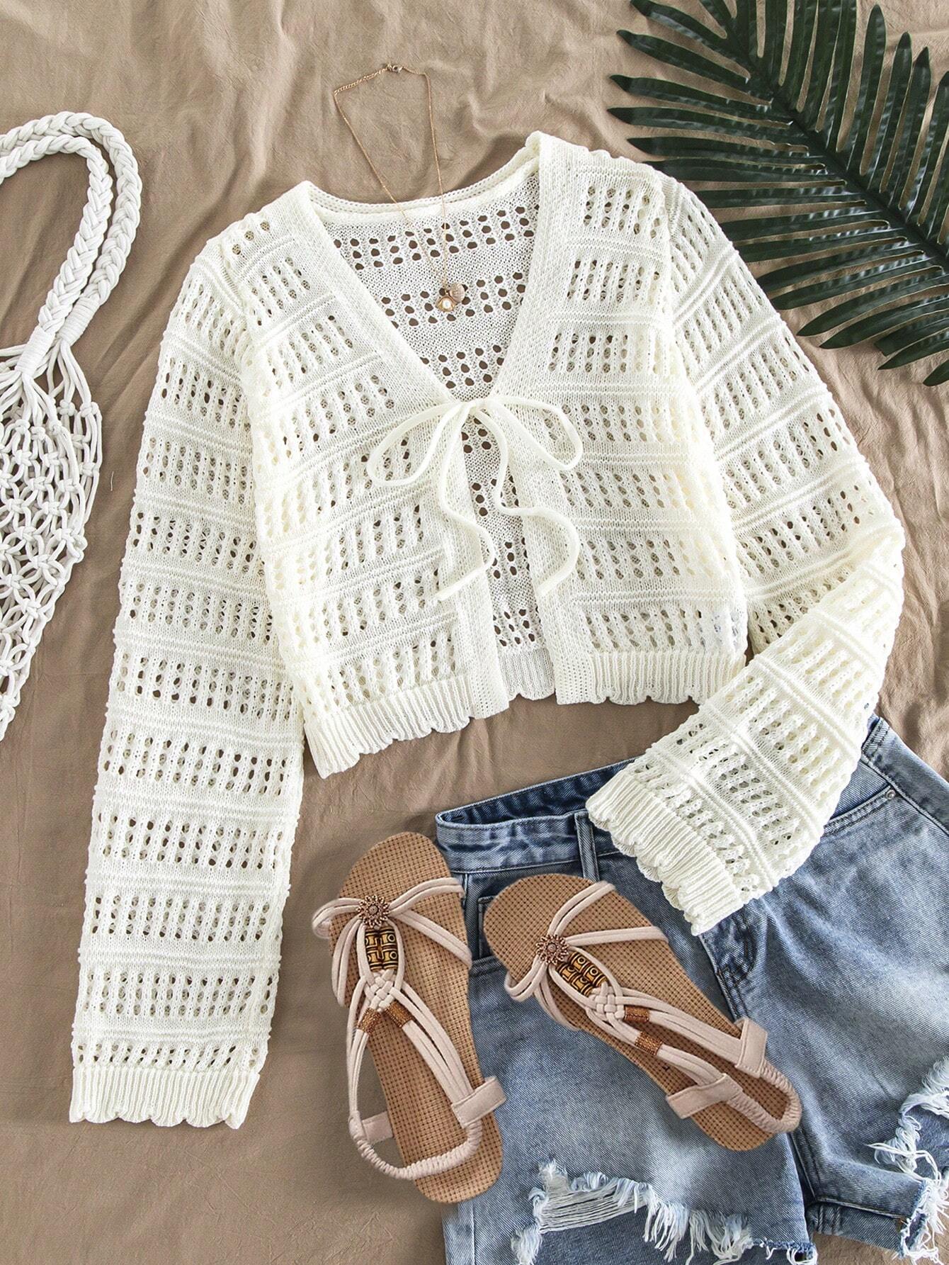  | SHEIN VCAY Ladies' Vacation Casual Solid Color Hollow Knitted Crop Cardigan | Sweater | Shein | OneHub