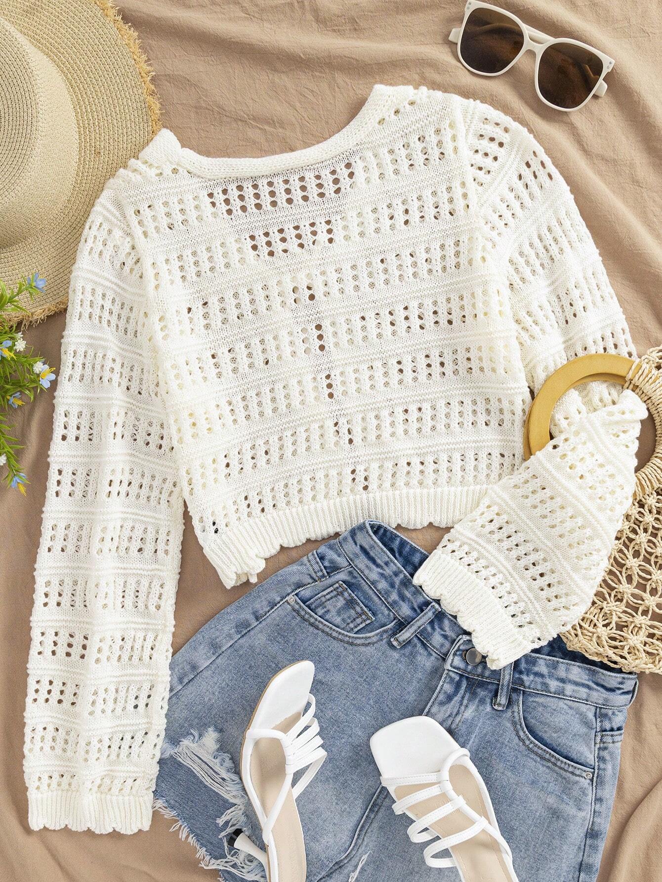  | SHEIN VCAY Ladies' Vacation Casual Solid Color Hollow Knitted Crop Cardigan | Sweater | Shein | OneHub