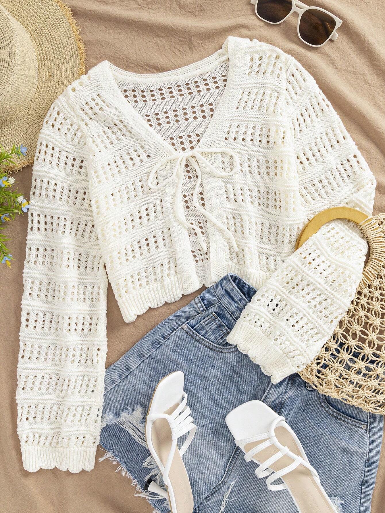  | SHEIN VCAY Ladies' Vacation Casual Solid Color Hollow Knitted Crop Cardigan | Sweater | Shein | OneHub