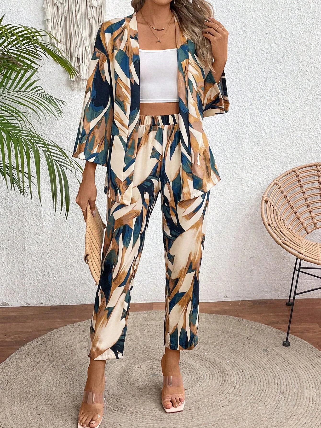  | SHEIN VCAY Leaf Print Casual Kimono-Style Summer 2pcs Set | Top and Pant Set | Shein | OneHub