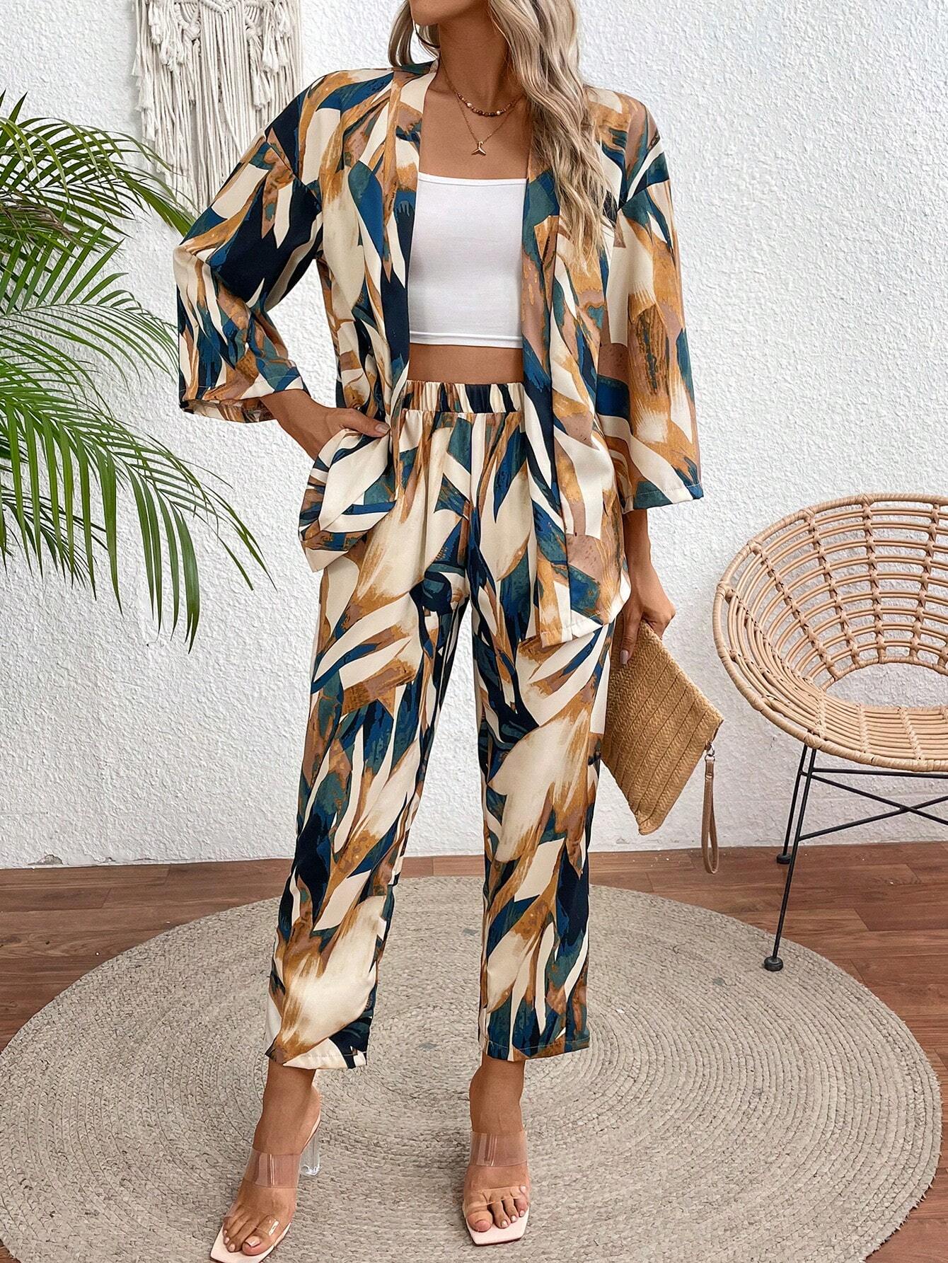  | SHEIN VCAY Leaf Print Casual Kimono-Style Summer 2pcs Set | Top and Pant Set | Shein | OneHub