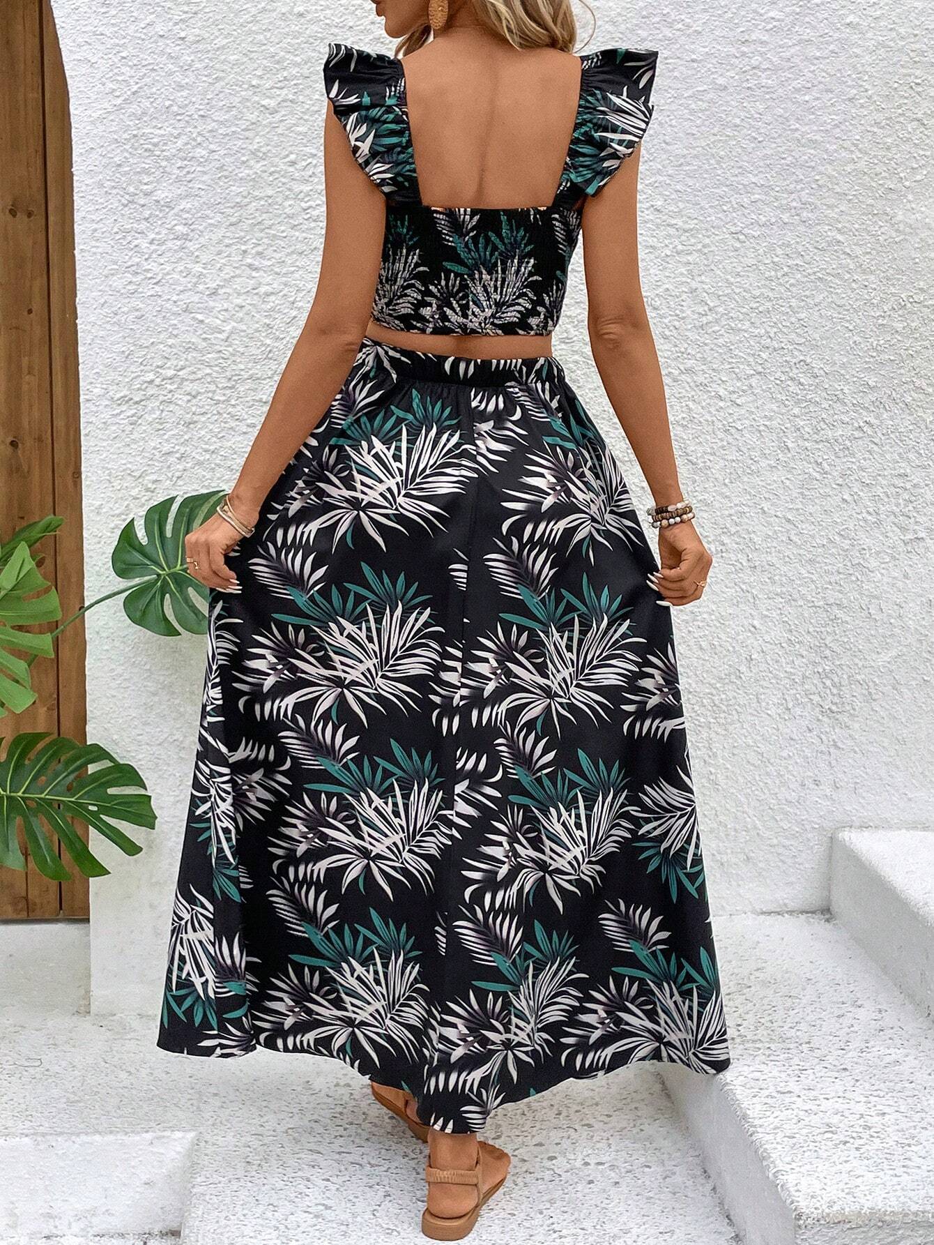  | SHEIN VCAY Leaf Print Ruffle Hem Camisole Top And Skirt Set With Square Neckline | Top and Pant Set | Shein | OneHub