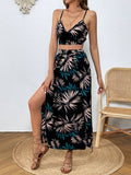 SHEIN VCAY Tropical Print Cami Top & Split Thigh Skirt Two Piece Set