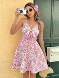 SHEIN VCAY Women's Casual Ditsy Floral Spaghetti Strap Mini Dress, Summer Vacation Flower Print Dress, Beach Outfit Mardi Gras Spring To Summer Boho