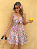 SHEIN VCAY Women's Casual Ditsy Floral Spaghetti Strap Mini Dress, Summer Vacation Flower Print Dress, Beach Outfit Mardi Gras Spring To Summer Boho
