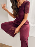 SHEIN V Neck Plain Pant Pajama Set With Contrast Lace Lace Trim Pajama Set 2 Pieces Pajama Set Women Pajama Set Ribbed Pajama Set Night Gown Set