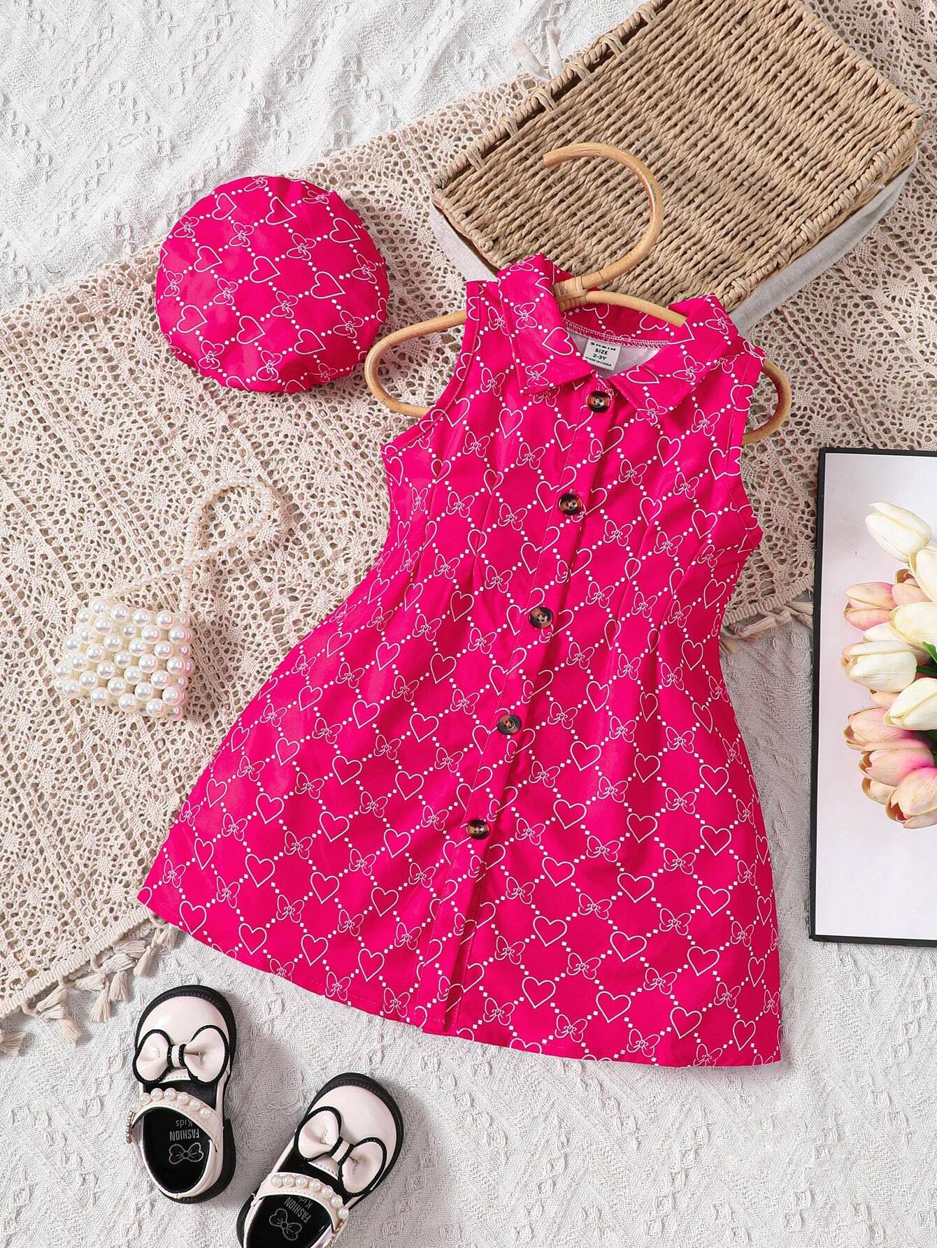 SHEIN Valentine's Day Baby Girl Allover Heart Print Shirt Dress & Hat