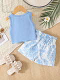SHEIN Vintaside Kids Baby Girl Blue Summer Cute Vacation Holiday Retro Plant Print Sleeveless Tank Top And Shorts Set Knotted Jacquard Round-Neck Bow Shorts 2pcs Outfit