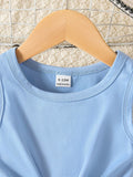 SHEIN Vintaside Kids Baby Girl Blue Summer Cute Vacation Holiday Retro Plant Print Sleeveless Tank Top And Shorts Set Knotted Jacquard Round-Neck Bow Shorts 2pcs Outfit