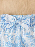 SHEIN Vintaside Kids Baby Girl Blue Summer Cute Vacation Holiday Retro Plant Print Sleeveless Tank Top And Shorts Set Knotted Jacquard Round-Neck Bow Shorts 2pcs Outfit