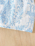 SHEIN Vintaside Kids Baby Girl Blue Summer Cute Vacation Holiday Retro Plant Print Sleeveless Tank Top And Shorts Set Knotted Jacquard Round-Neck Bow Shorts 2pcs Outfit