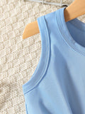 SHEIN Vintaside Kids Baby Girl Blue Summer Cute Vacation Holiday Retro Plant Print Sleeveless Tank Top And Shorts Set Knotted Jacquard Round-Neck Bow Shorts 2pcs Outfit