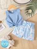 SHEIN Vintaside Kids Baby Girl Blue Summer Cute Vacation Holiday Retro Plant Print Sleeveless Tank Top And Shorts Set Knotted Jacquard Round-Neck Bow Shorts 2pcs Outfit
