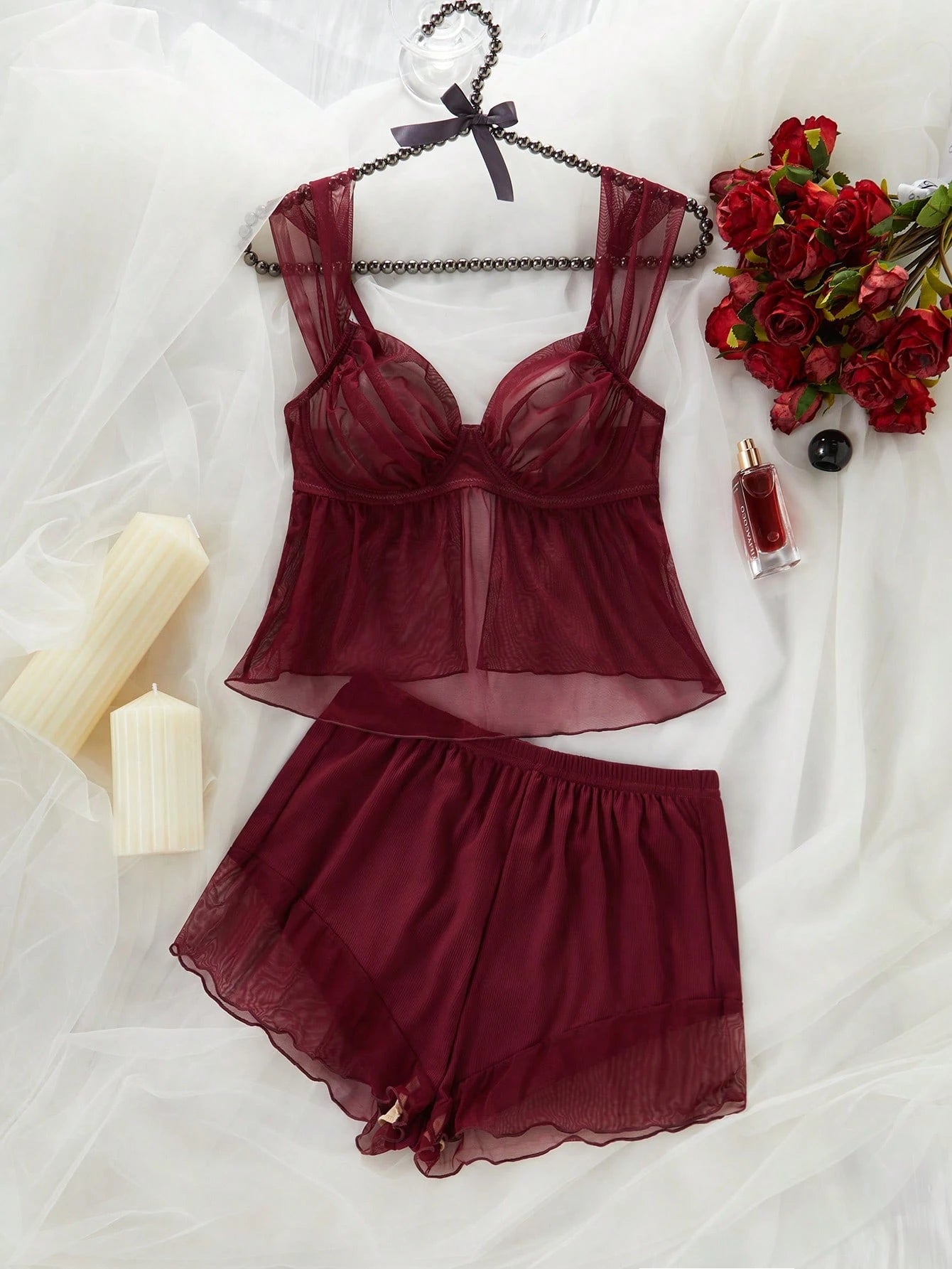 SHEIN Women's Mesh Underwire Thin Cup Sexy Lingerie Set Valentine's