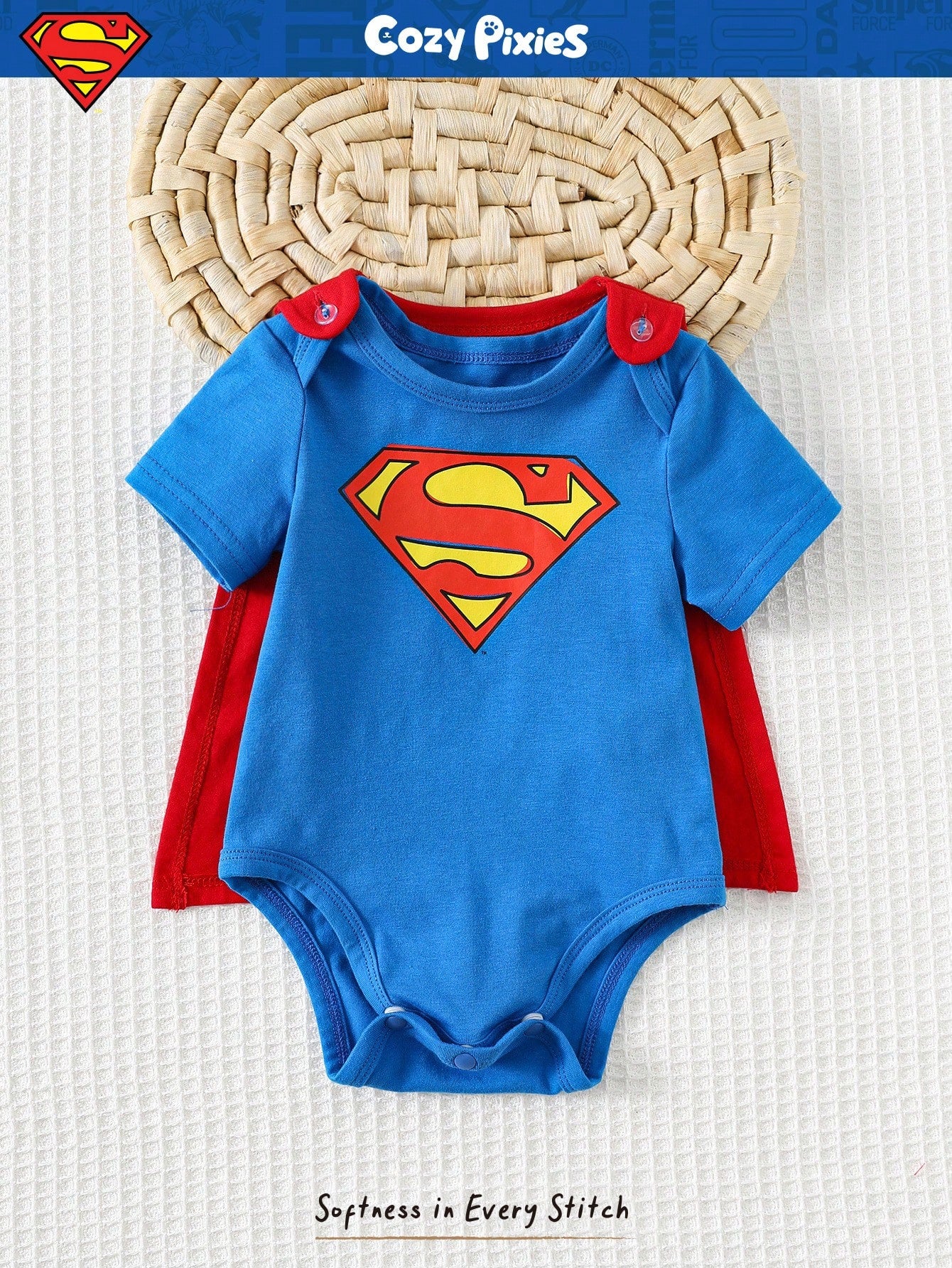 SHEIN SUPERMAN X Cozy Pixies Newborn Baby Boy Graphic Round Neck Short Sleeve Bodysuit&Solid Color Cape 2pcs Set Superhero Cartoon Clothes Character