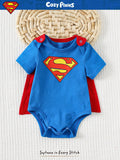 SHEIN SUPERMAN X Cozy Pixies Newborn Baby Boy Graphic Round Neck Short Sleeve Bodysuit&Solid Color Cape 2pcs Set Superhero Cartoon Clothes Character