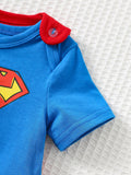SHEIN SUPERMAN X Cozy Pixies Newborn Baby Boy Graphic Round Neck Short Sleeve Bodysuit&Solid Color Cape 2pcs Set Superhero Cartoon Clothes Character