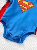 SHEIN SUPERMAN X Cozy Pixies Newborn Baby Boy Graphic Round Neck Short Sleeve Bodysuit&Solid Color Cape 2pcs Set Superhero Cartoon Clothes Character