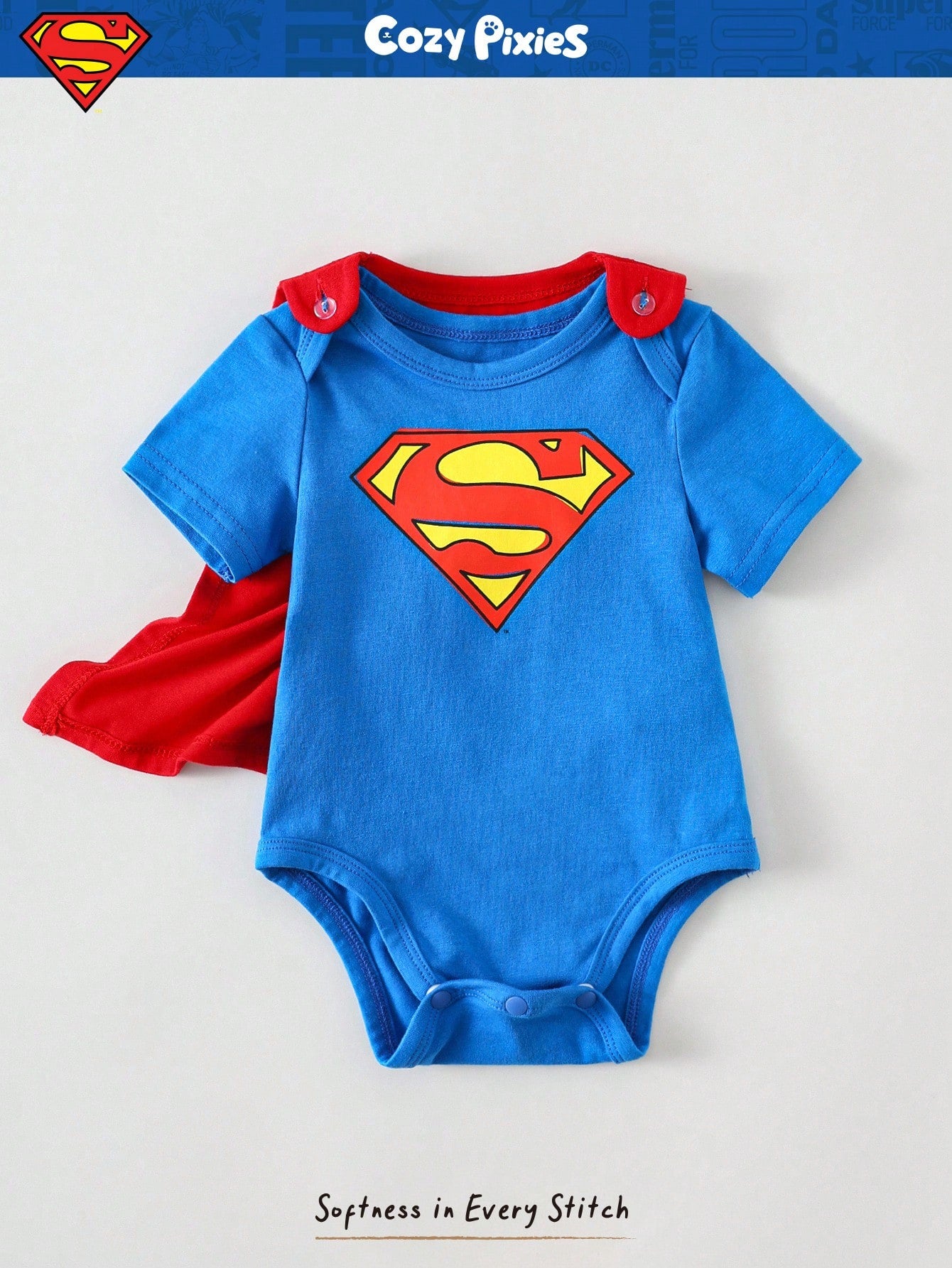 SHEIN SUPERMAN X Cozy Pixies Newborn Baby Boy Graphic Round Neck Short Sleeve Bodysuit&Solid Color Cape 2pcs Set Superhero Cartoon Clothes Character
