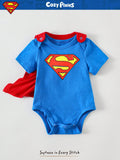 SHEIN SUPERMAN X Cozy Pixies Newborn Baby Boy Graphic Round Neck Short Sleeve Bodysuit&Solid Color Cape 2pcs Set Superhero Cartoon Clothes Character