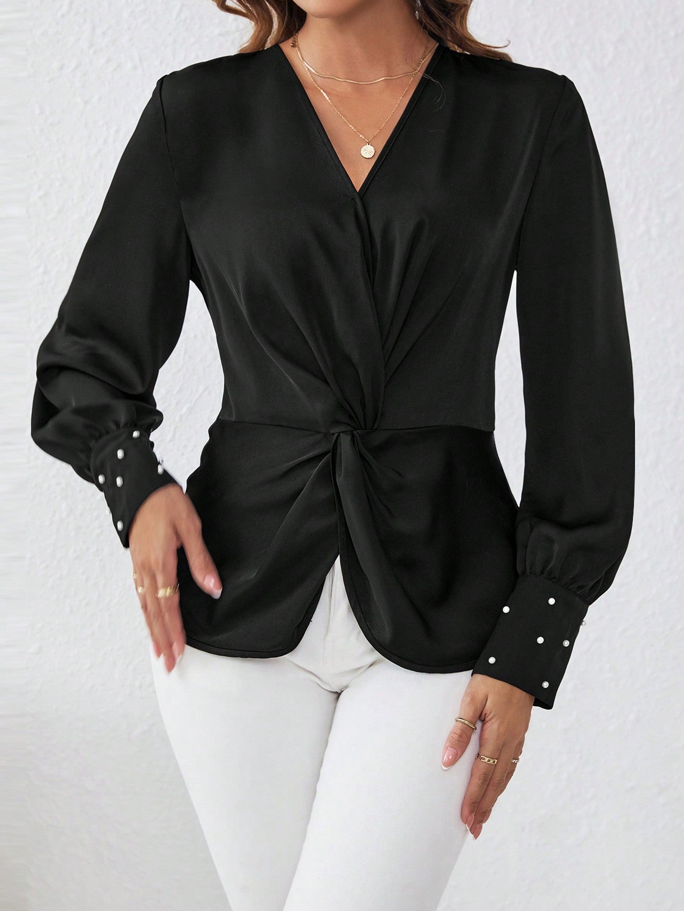  | SHEIN Satin Fabric Shirt With Front Knot And Cufflinks Detailed Sleeves | Blouse | Shein | OneHub