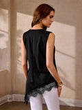 SHEIN Selenza New Summer V-Neck Sleeveless Asymmetric Lace Trim Design Blouse Top