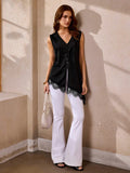SHEIN Selenza New Summer V-Neck Sleeveless Asymmetric Lace Trim Design Blouse Top