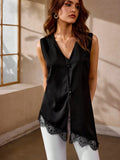 SHEIN Selenza New Summer V-Neck Sleeveless Asymmetric Lace Trim Design Blouse Top