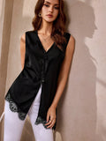 SHEIN Selenza New Summer V-Neck Sleeveless Asymmetric Lace Trim Design Blouse Top