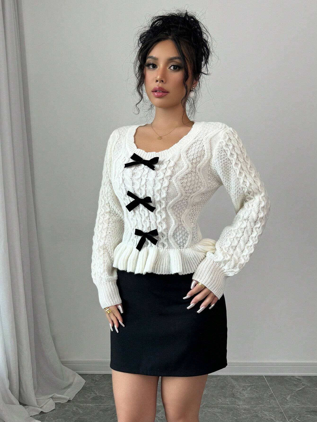 SHEIN Selianne New Arrival Round Neck Long Sleeve Bow Decor Casual Chic Pullover Sweater For Women,Long Sleeve Tops Knit Pullover Fall Winter Outfit