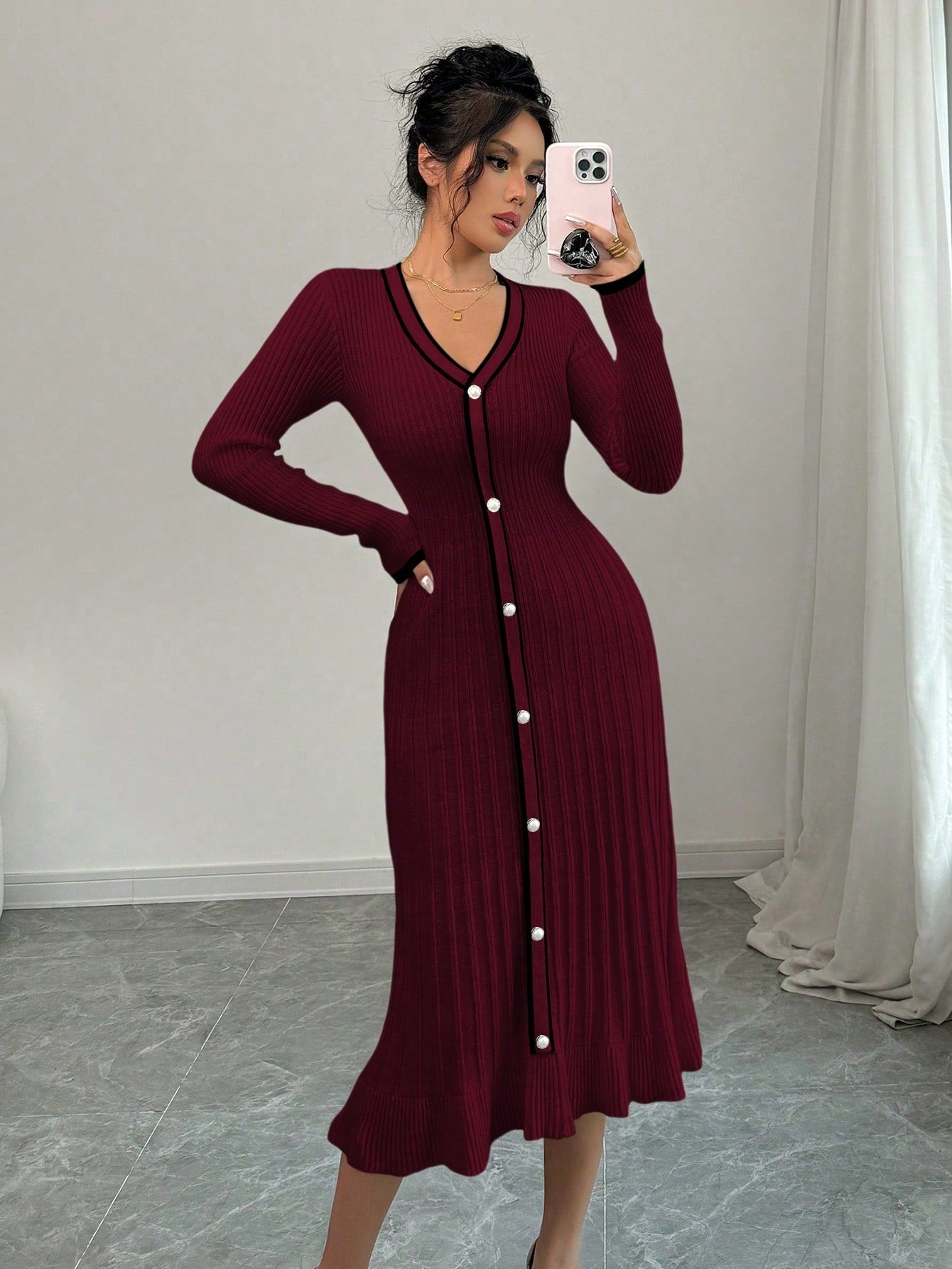 SHEIN Selianne Women's V-Neck Long Sleeve Single-Breasted Fitted Elegant Sweater Dress, Autumn/Winter Fall Cloth For Women