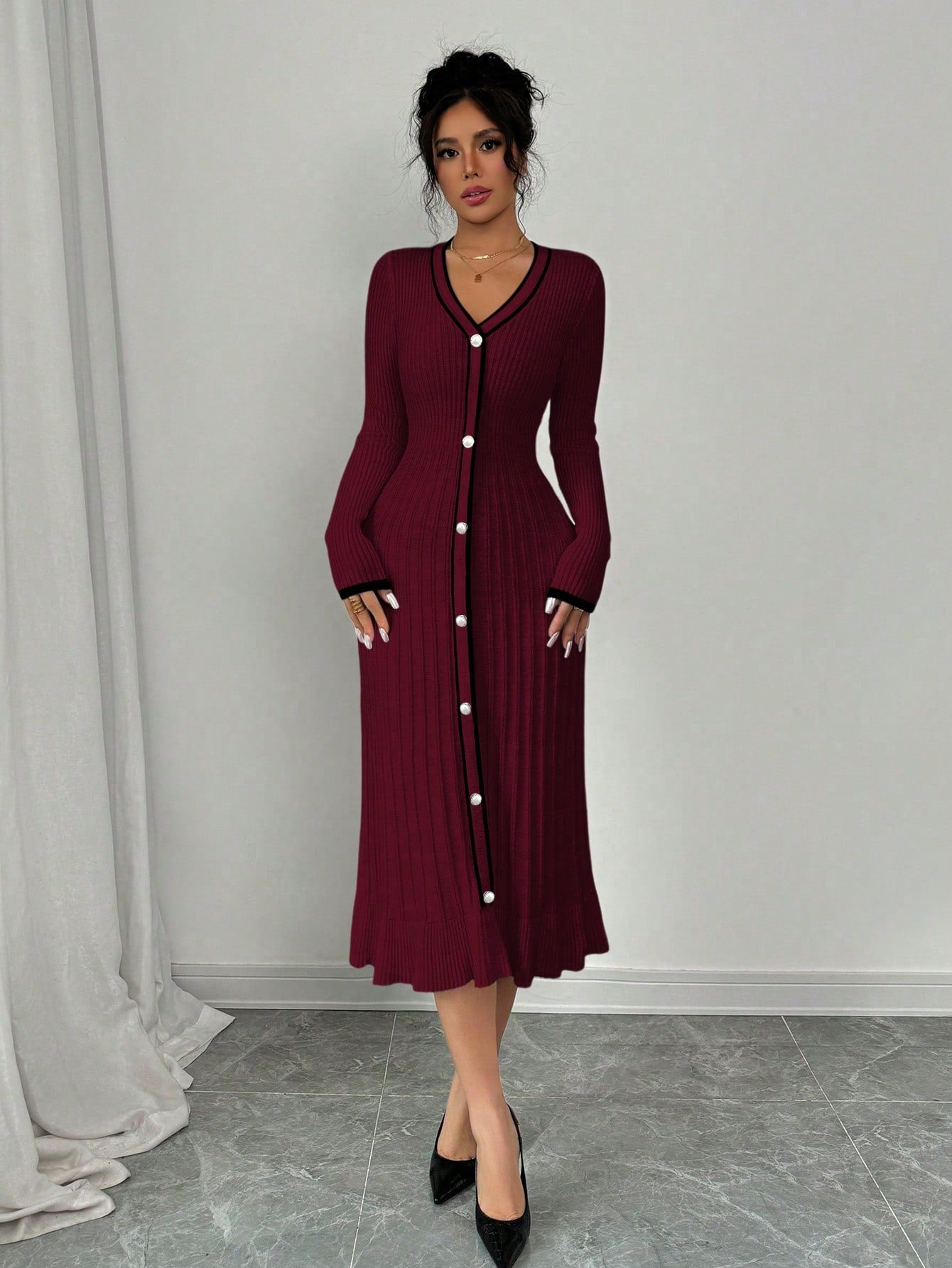 SHEIN Selianne Women's V-Neck Long Sleeve Single-Breasted Fitted Elegant Sweater Dress, Autumn/Winter Fall Cloth For Women