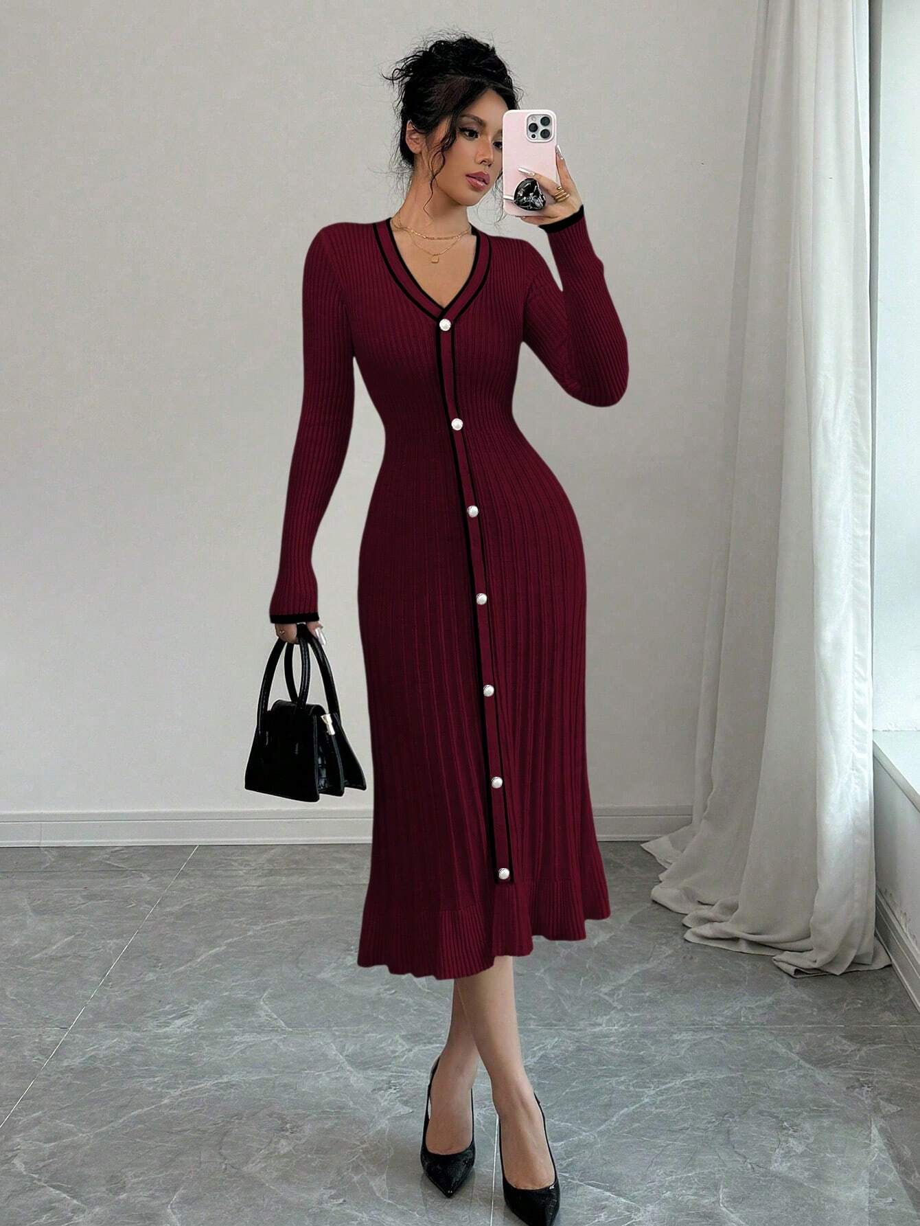 SHEIN Selianne Women's V-Neck Long Sleeve Single-Breasted Fitted Elegant Sweater Dress, Autumn/Winter Fall Cloth For Women