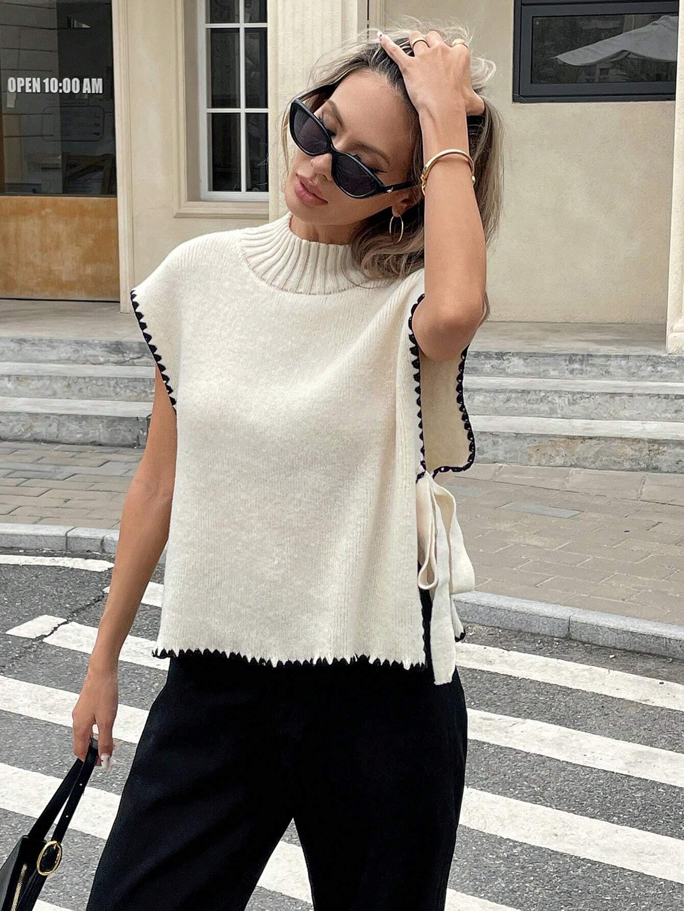 SHEIN Serisse Women's Casual Color Block Trim Side Slit Tie-Up Sweater Vest