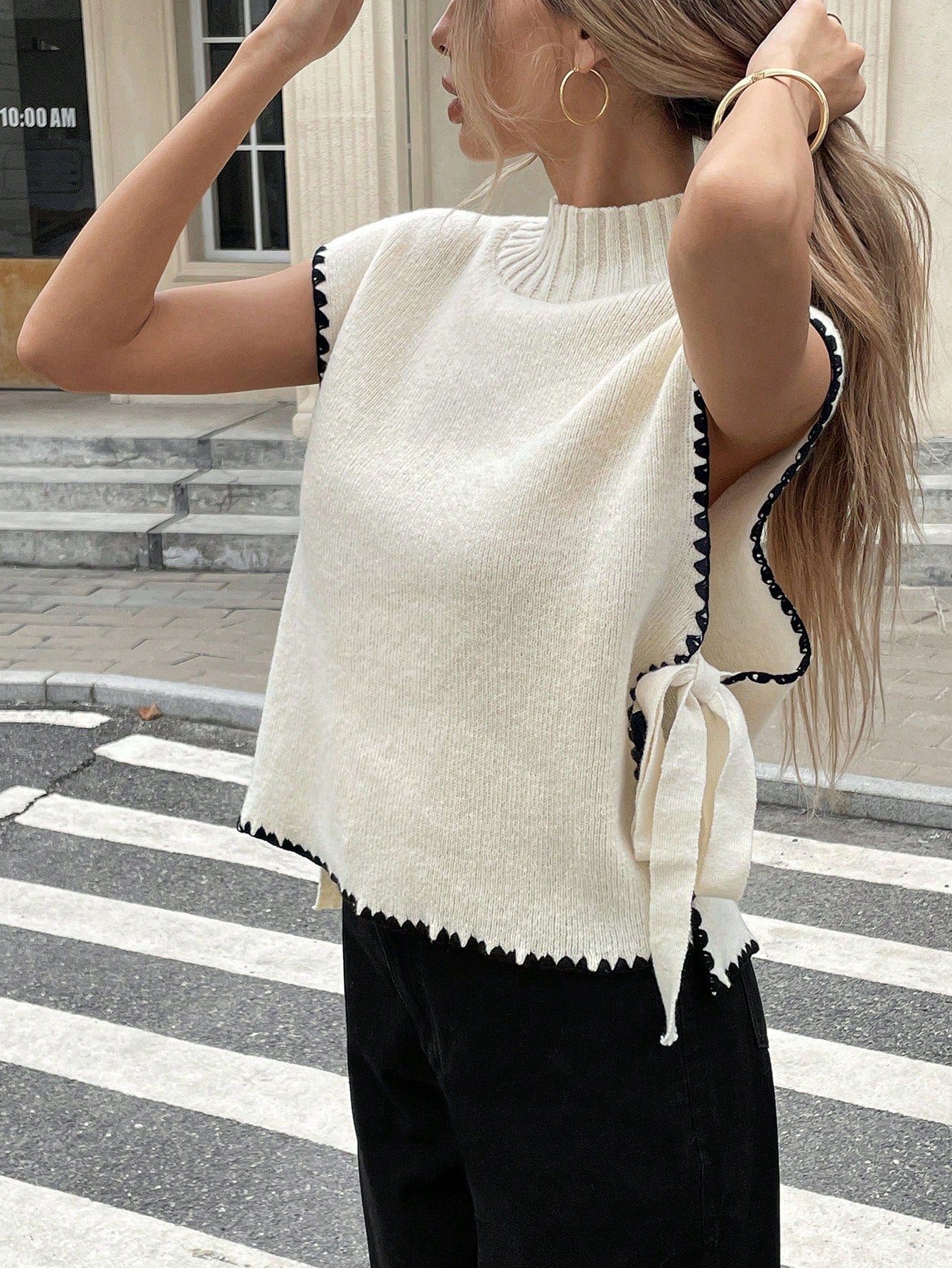 SHEIN Serisse Women's Casual Color Block Trim Side Slit Tie-Up Sweater Vest