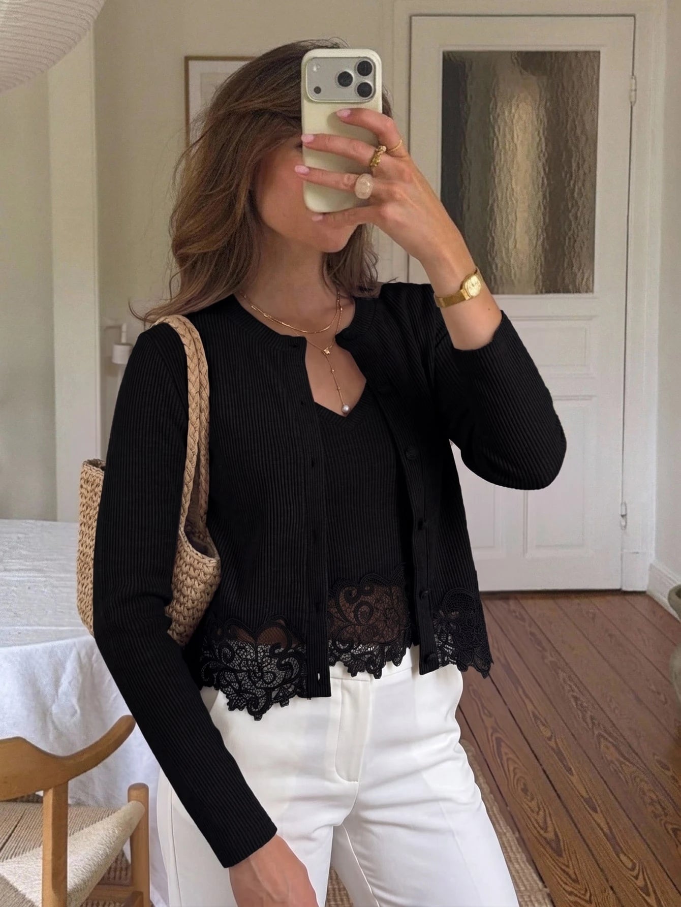 SHEIN Serisse Women's Fashion V-Neck Asymmetrical Lace Hem Cami Top And Round Neck Asymmetrical Lace Hem Long Sleeve Button-Up Cardigan 2 Pieces Set