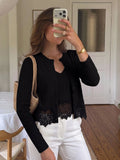 SHEIN Serisse Women's Fashion V-Neck Asymmetrical Lace Hem Cami Top And Round Neck Asymmetrical Lace Hem Long Sleeve Button-Up Cardigan 2 Pieces Set