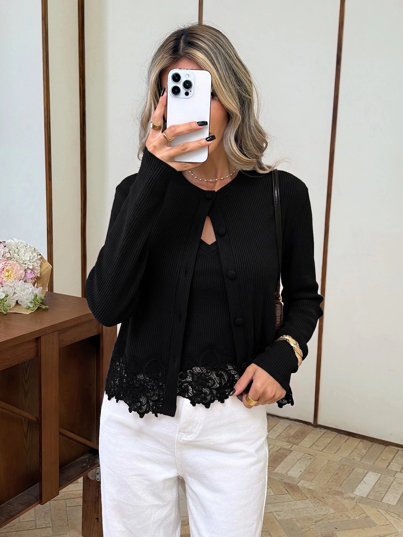 SHEIN Serisse Women's Fashion V-Neck Asymmetrical Lace Hem Cami Top And Round Neck Asymmetrical Lace Hem Long Sleeve Button-Up Cardigan 2 Pieces Set