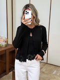 SHEIN Serisse Women's Fashion V-Neck Asymmetrical Lace Hem Cami Top And Round Neck Asymmetrical Lace Hem Long Sleeve Button-Up Cardigan 2 Pieces Set