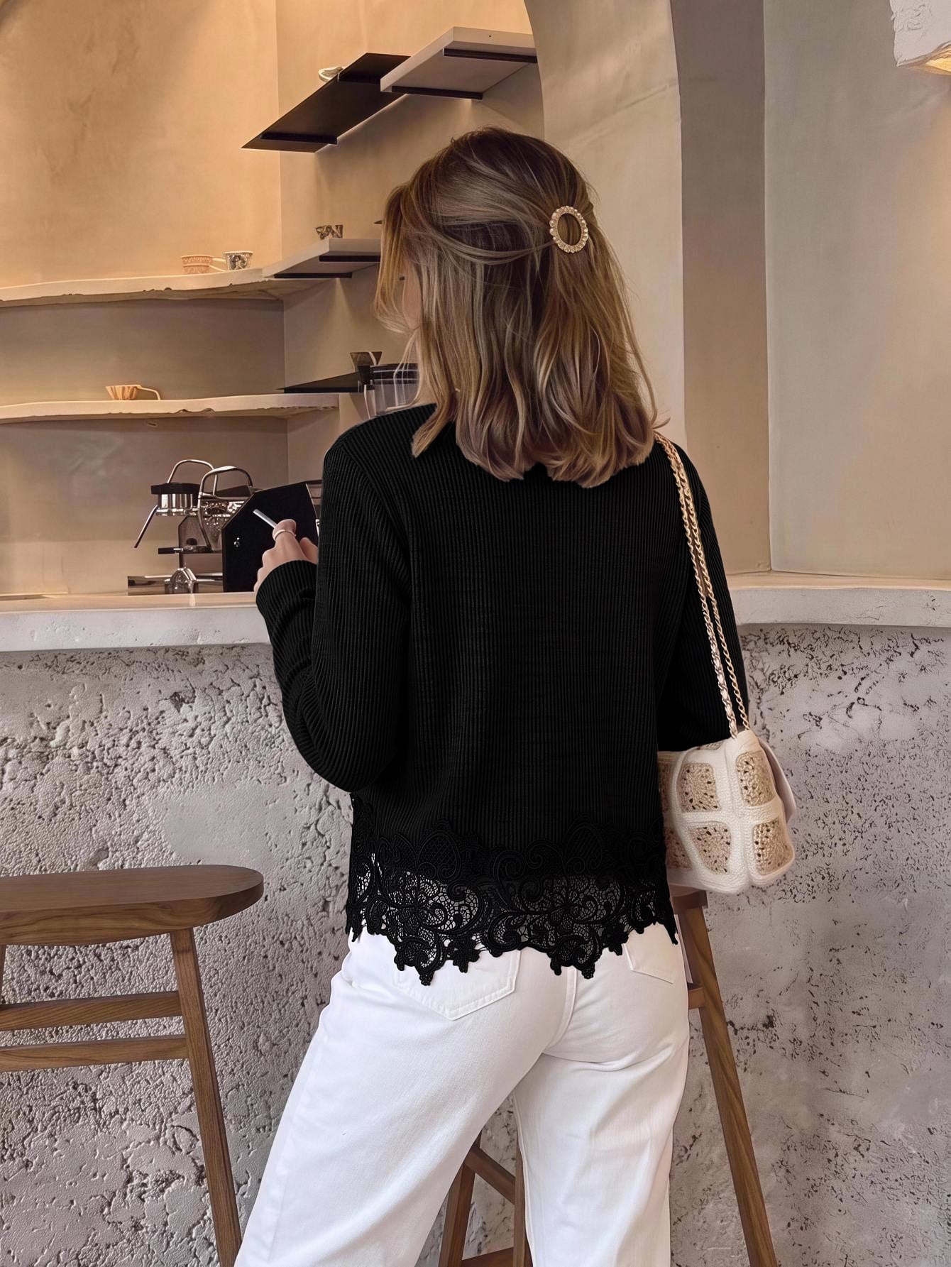 SHEIN Serisse Women's Fashion V-Neck Asymmetrical Lace Hem Cami Top And Round Neck Asymmetrical Lace Hem Long Sleeve Button-Up Cardigan 2 Pieces Set