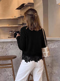 SHEIN Serisse Women's Fashion V-Neck Asymmetrical Lace Hem Cami Top And Round Neck Asymmetrical Lace Hem Long Sleeve Button-Up Cardigan 2 Pieces Set