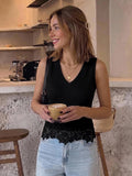 SHEIN Serisse Women's Fashion V-Neck Asymmetrical Lace Hem Cami Top And Round Neck Asymmetrical Lace Hem Long Sleeve Button-Up Cardigan 2 Pieces Set