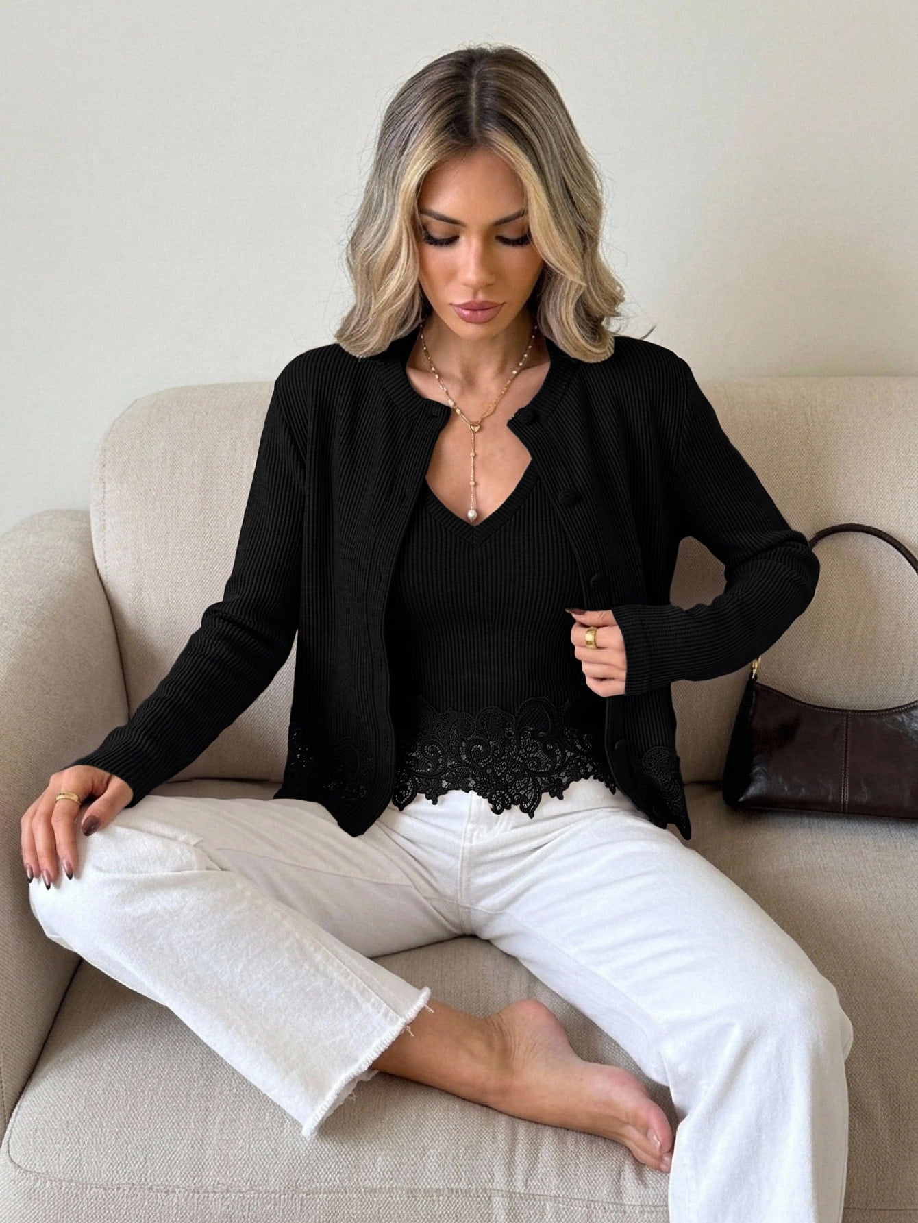 SHEIN Serisse Women's Fashion V-Neck Asymmetrical Lace Hem Cami Top And Round Neck Asymmetrical Lace Hem Long Sleeve Button-Up Cardigan 2 Pieces Set