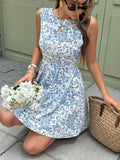 SHEIN Serisse Women's Vacation Floral Print Backless Bow Sleeveless Mini Dress,Bohemian Clothes Summer Beach Holiday Resort